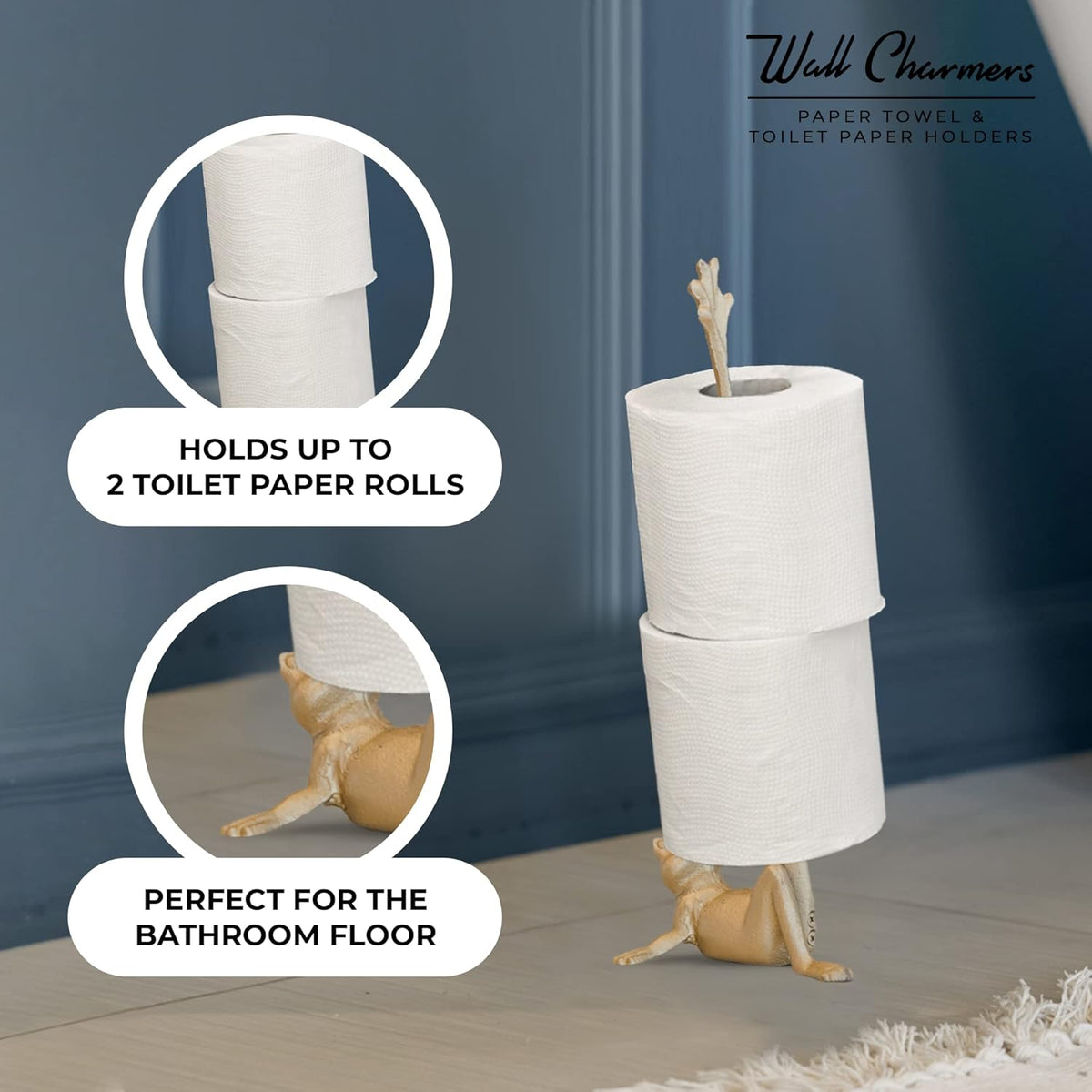 WallCharmers Gold Paper Towel Holder, Metal Toilet or Kitchen Paper Holder for Floor or Countertop, Gold Frog