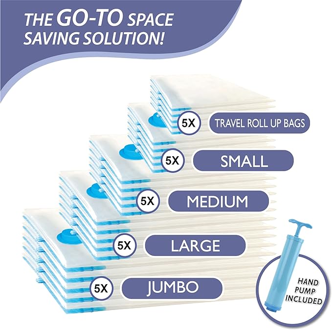 25 Pack Vacuum Storage Bags, Space Saver Vacuum Storage Bags, Vacuum Seal Bags for Clothing, Clothes, Comforters and Blankets, Hand Pump Included