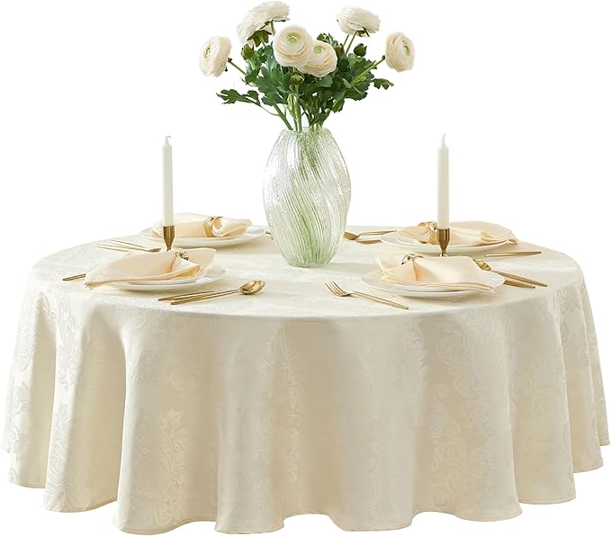 Newbridge Barcelona Luxury Damask Fabric Tablecloth, 70” Round, Antique White, 100% Polyester, No Iron, Soil Resistant Dining Room, Party and Banquet Table Cover