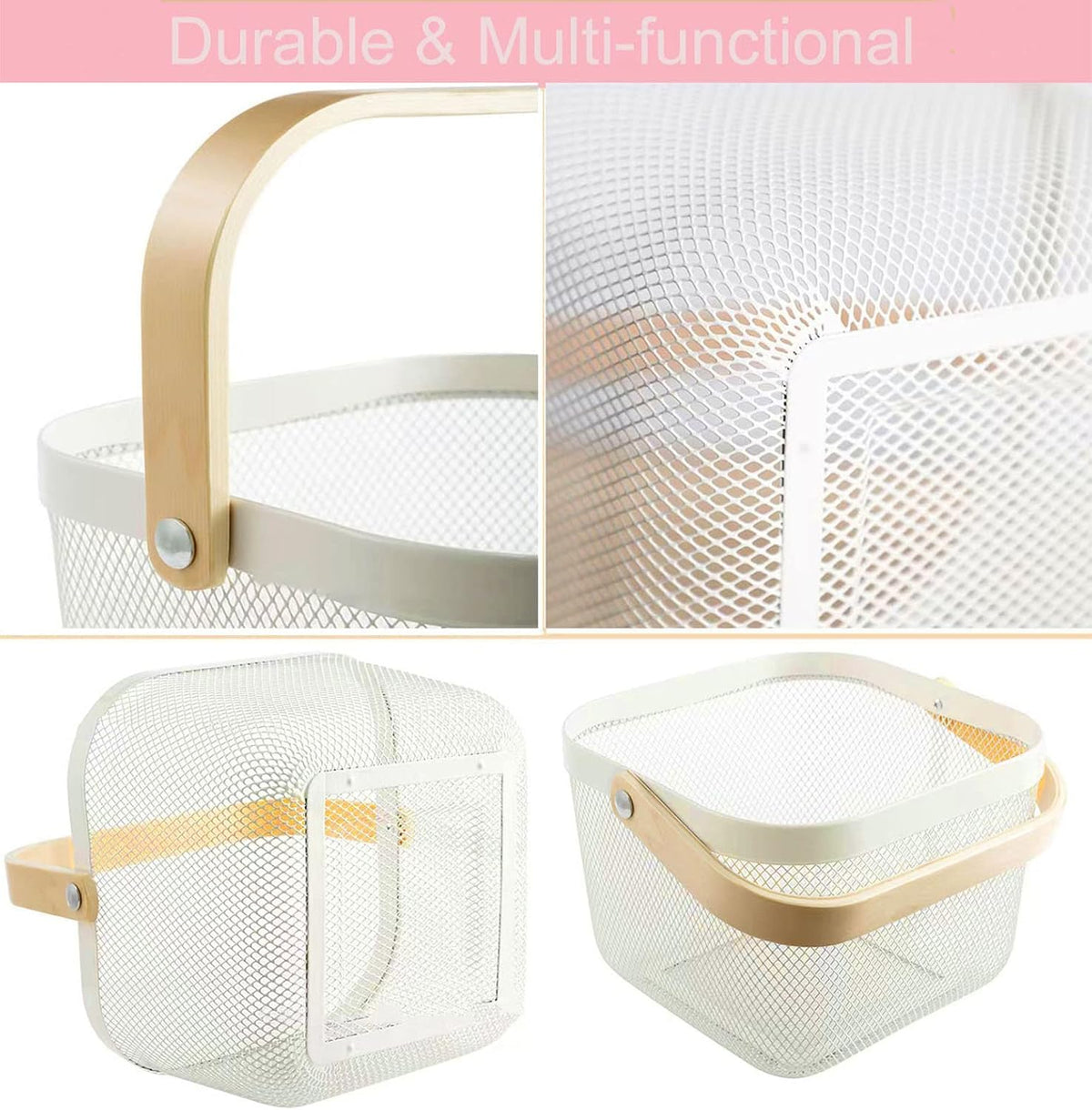 Metal Mesh Steel Basket, Storage Organizer Basket Multi-functional Hanging Kitchen Baskets Fruit Basket Bin with Bamboo Handle for Kitchen Bathroom Picnic Shopping Decor Cabinet Home, Beige