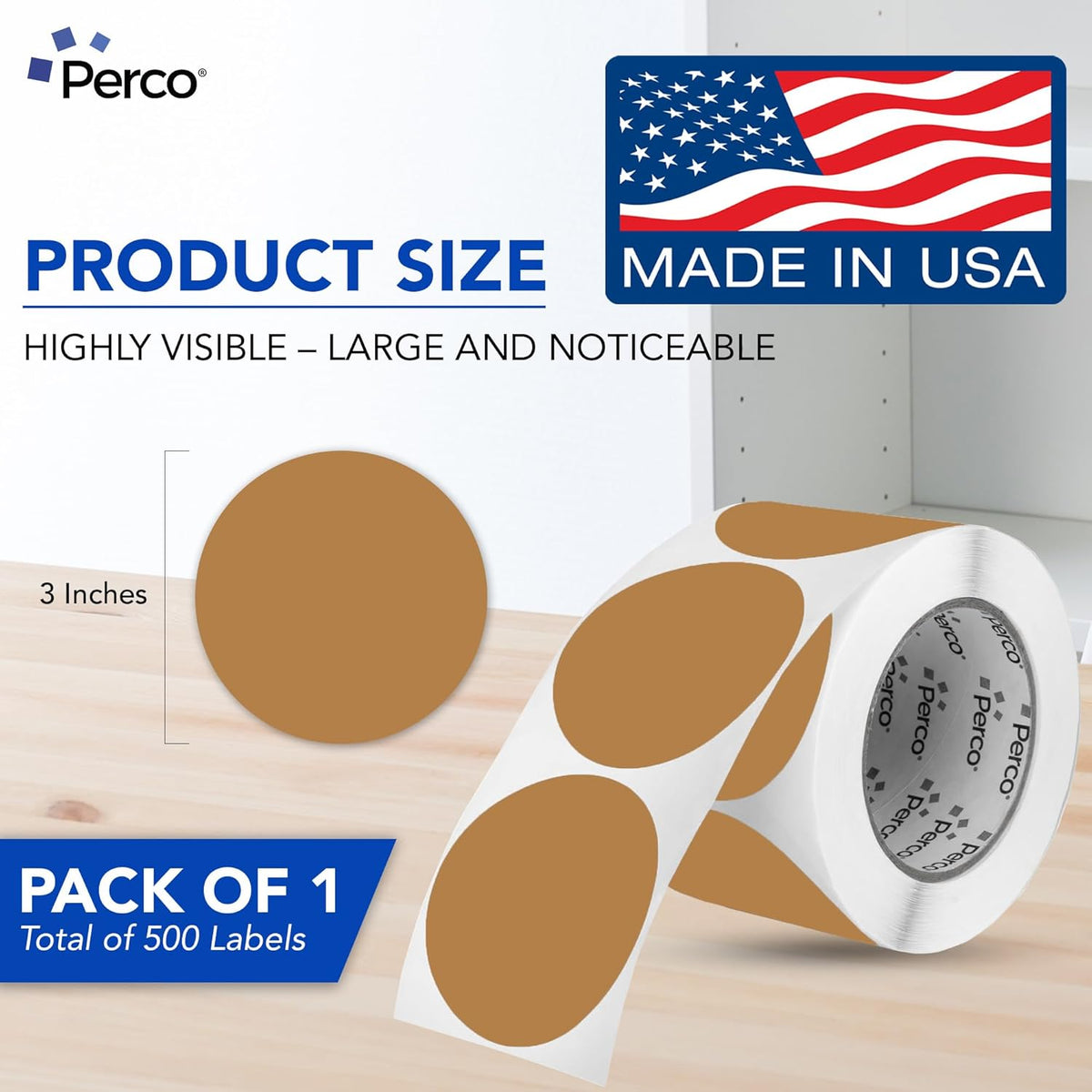 Perco Kraft Brown 3-Inch Round Circle Dot Sticker Labels with Strong and Permanent Adhesive - 500 Labels per Roll - Natural, Cardboard-Like Surface - Made in USA