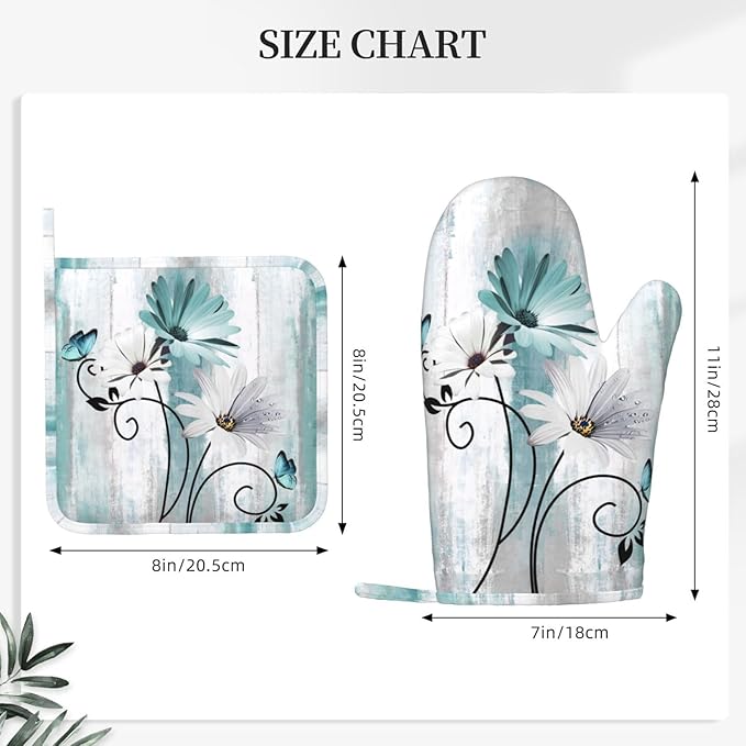 Teal Daisy Oven Mitts Pot Holders Set Silicone Heat Resistant Farm Teal Daisy Floral Flowers and Butterfly Oven Mitts and Hot Pads Potholders Non-Slip Oven Gloves for BBQ