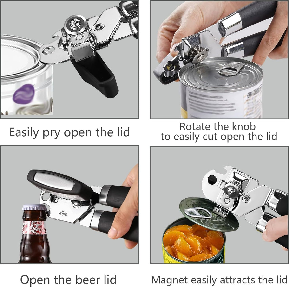 Can Opener Manual Heavy Duty,Can Opener Stainless Steel With Magnet,Have Smooth Edges,Durable Sharp Blade,Effort-Saving Big Knob And Anti Slip Handle,Manual Bottles Opener For Seniors