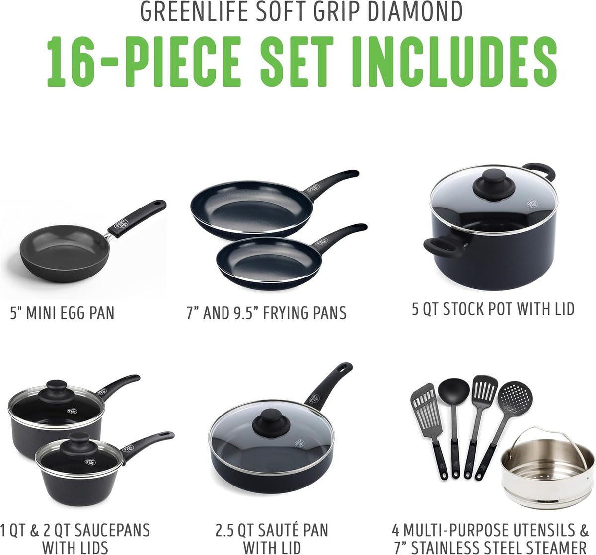 GreenLife 16 Piece Nonstick Cookware Set, Soft Grip Non-Toxic PFAS-Free Ceramic Pots & Pans, Dishwasher & Oven Safe, Frying, Sauce, Saute, Utensils, Glass Lids, Stay-Cool Handles, Wobble Free, Black