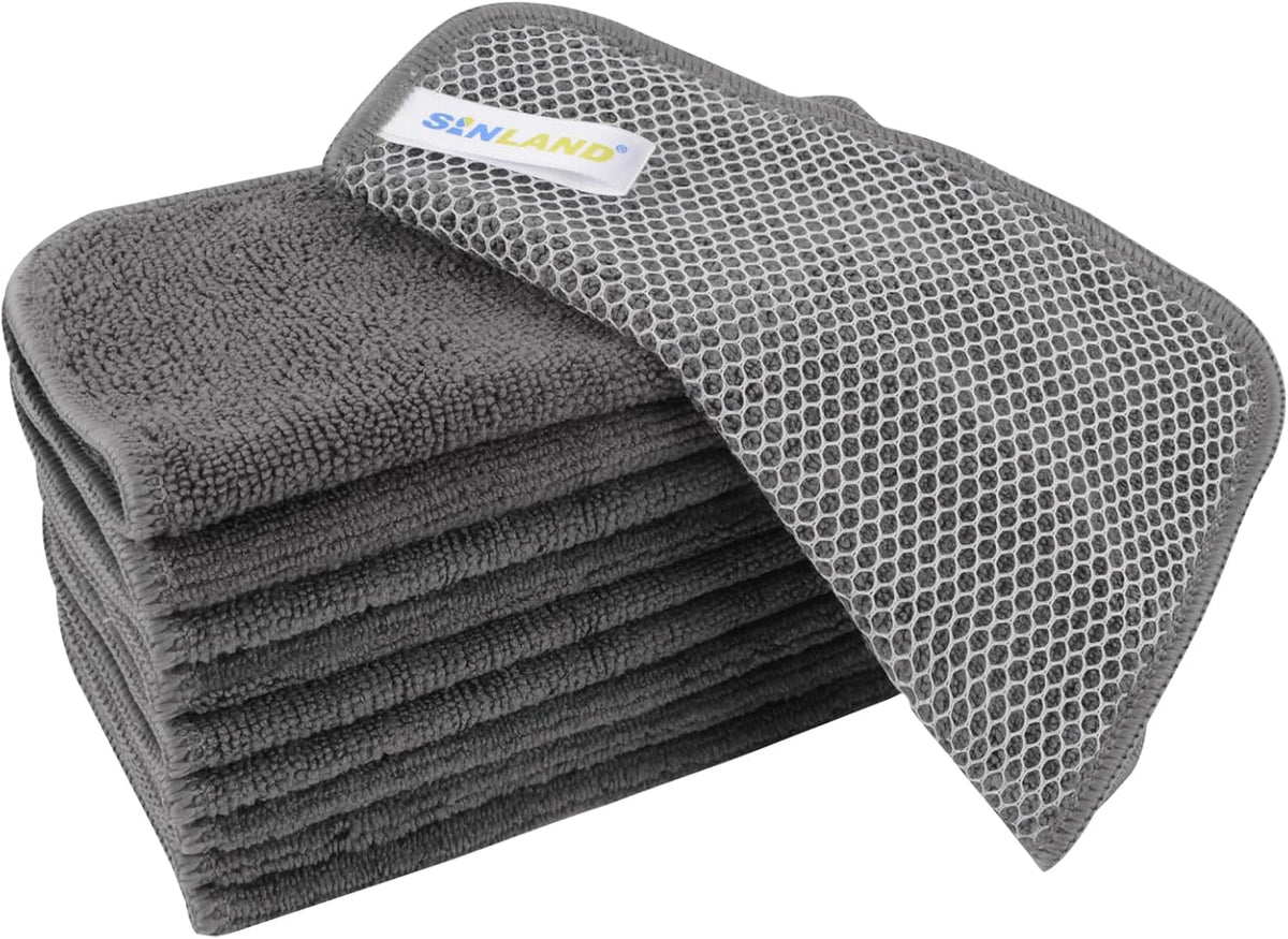 SINLAND Microfiber Dish Cloth for Washing Dishes Dish Washing Rags Best Kitchen Washcloth Cleaning Cloths Wash Cloths with Poly Scour Side 7.87Inchx7.87Inch 10 Pack Grey