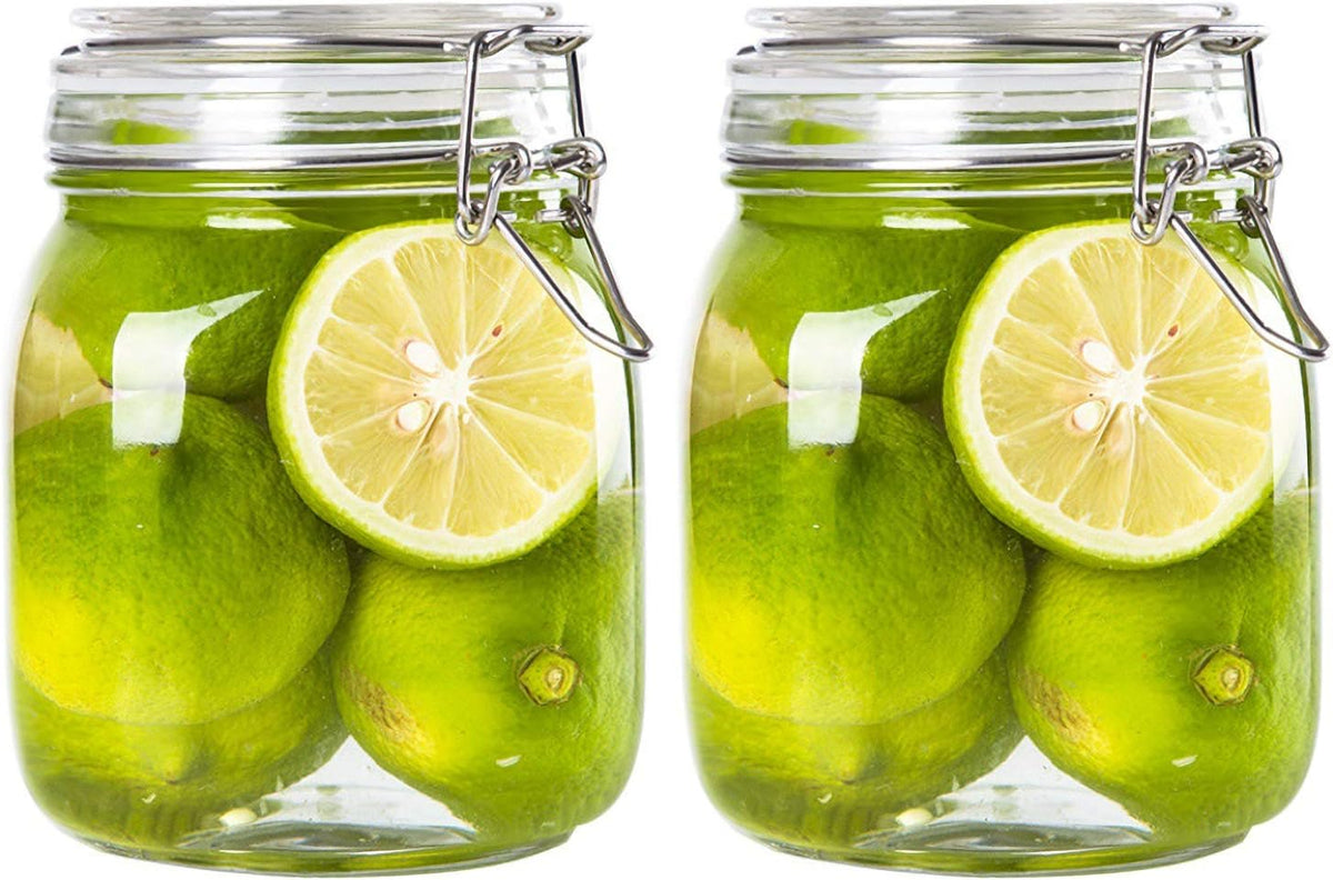 Kingrol 4 Pack 34 Ounces Glass Jars, Wide Mouth Storage Canister Jars with Bail and Trigger Clamp Lids for Pickling, Preserving, Canning, Dry Food Storage