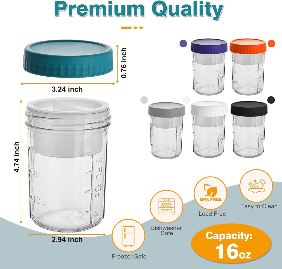 6 Pack Overnight Oats Containers with Lids and Spoons, 16 OZ Glass Mason Jars with Removable Separate Compartments, Airtight Leak Proof Oatmeal Container for Chia Pudding, Yogurt, Breakfast, Cereal