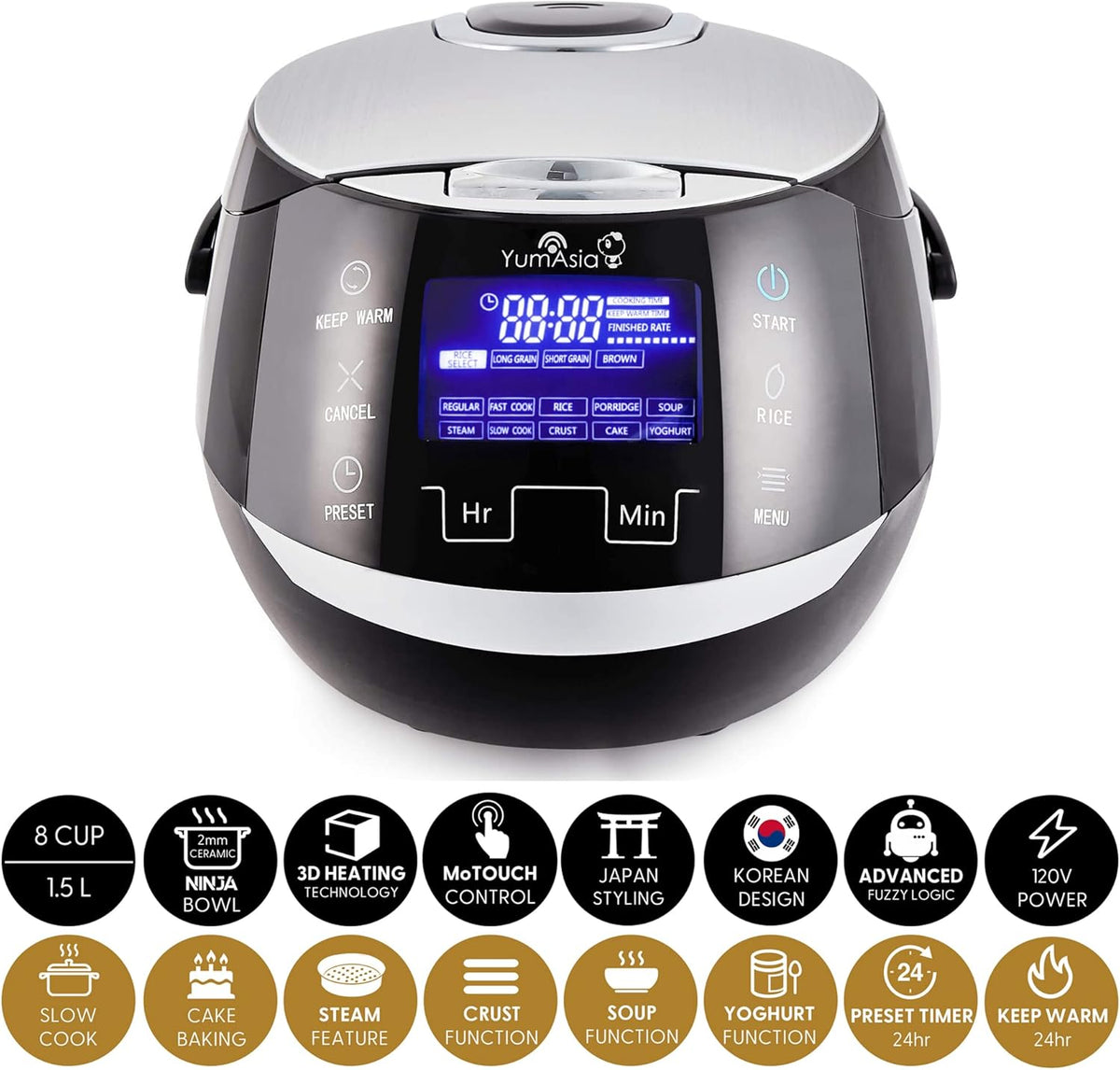 Yum Asia Sakura Rice Cooker with Ceramic Bowl and Advanced Fuzzy Logic (8 Cup, 1.5 Litre) 6 Rice Cook Functions, 6 Multicook Functions, Motouch LED Display, 120V Power (Black and Silver)