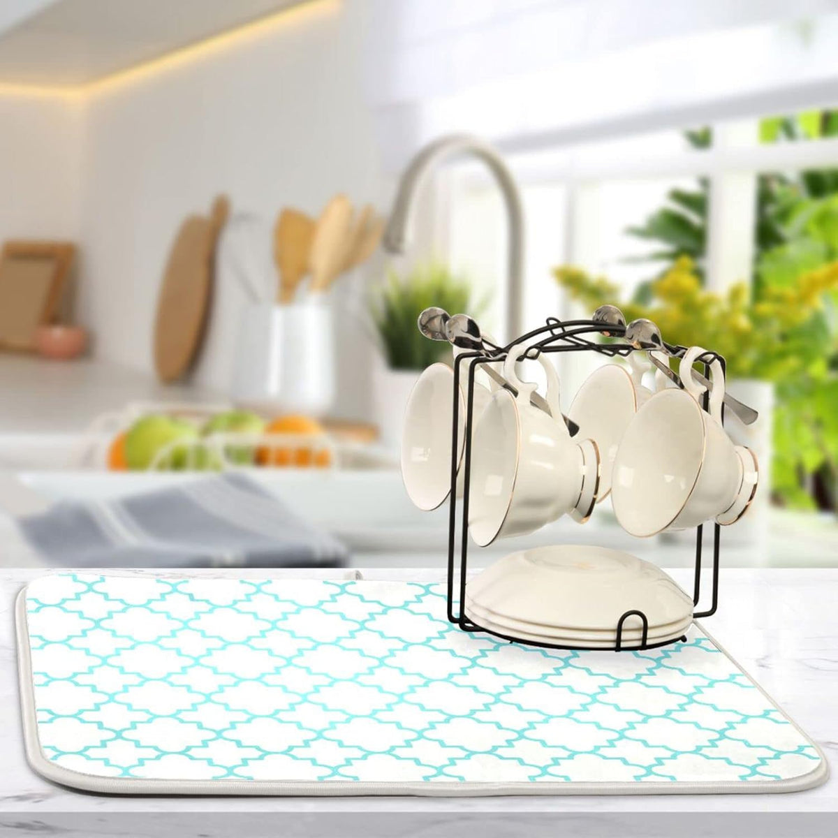 Senya Super Absorbent Dish Drying Mat, Microfiber Fast-Drying Dish Mat, 24inches x 18inches , Kitchen Dish Drying Pad, Traditional Quatrefoil Lattice Pattern