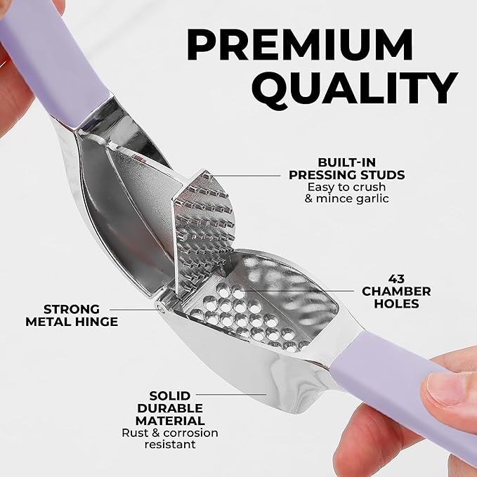 Zulay Kitchen Comfort Grip Garlic Press - Garlic Mincer Tool - Garlic Crusher - Garlic Press Mincer Rust Proof, with Soft Ergonomic Handle, Easy Clean Set with Peeler and Brush - Lavender