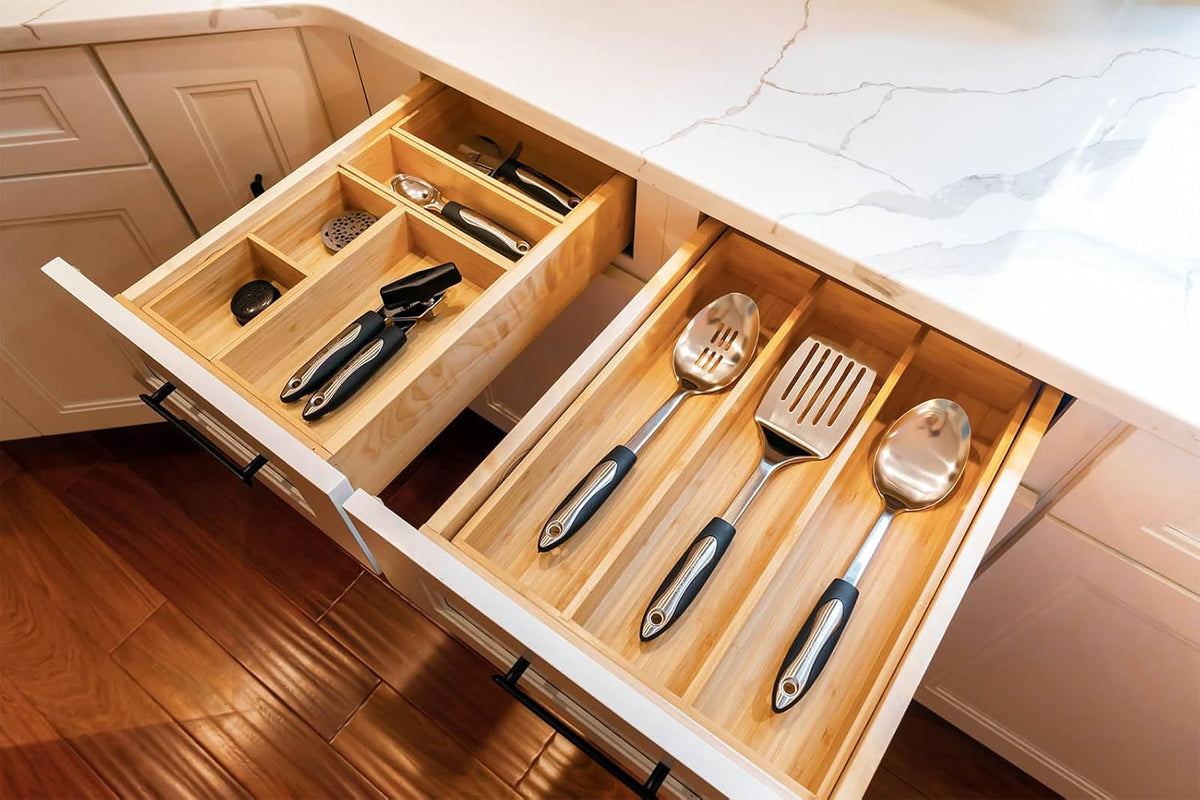 Umilife Bamboo Kitchen Utensils Organizer, 13 Inch Drawer Dividers for Silverware, Extra Deep Holder, with Non-Slip Feet, Wood Caddy for Flatware Cutlery
