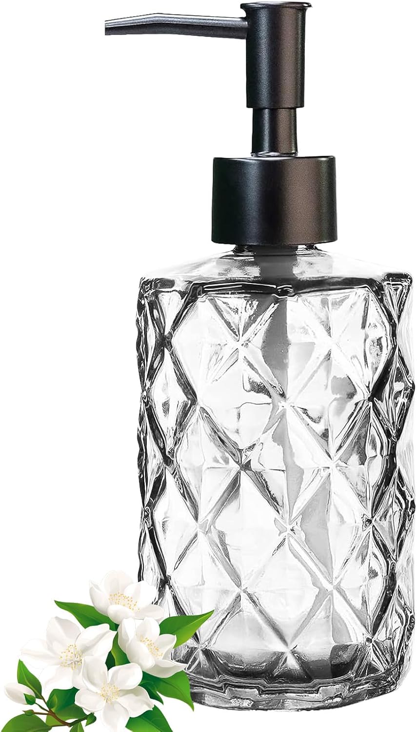12Oz Small Glass Soap Dispenser with Black Plastic Pump, Clear Refillable Kitchen Countertop Liquid Hand Soap Dispensers with Diamond Design, Crystal Bathroom Lotion Bottle for Dispense Dish Soap