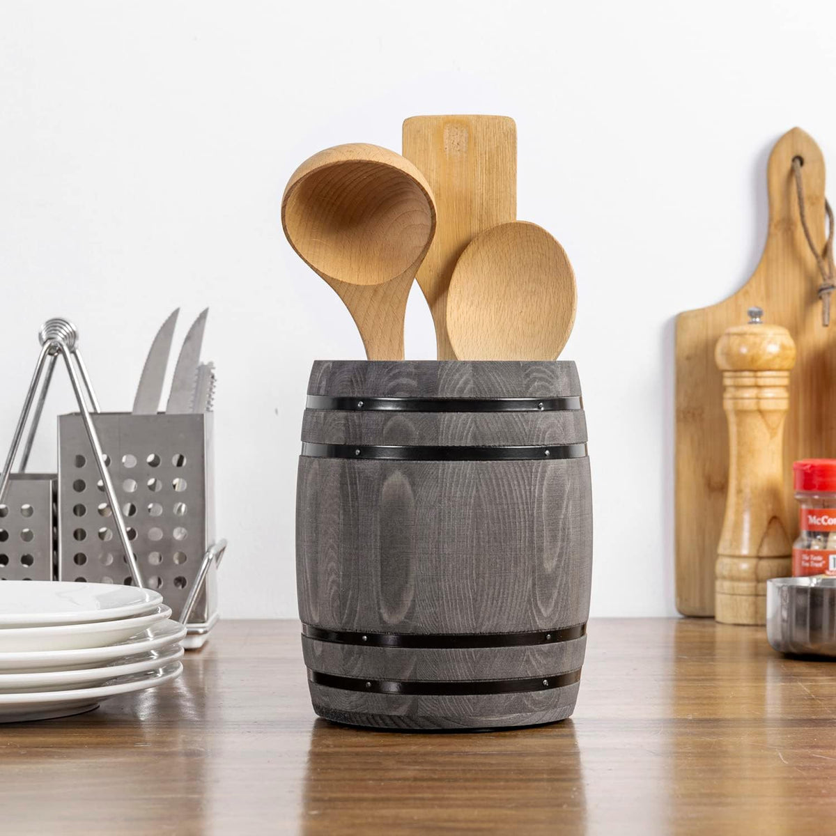 MyGift Wine Barrel Design Kitchen Utensil Crock, Vintage Gray Solid Wood Cooking Tool Holder