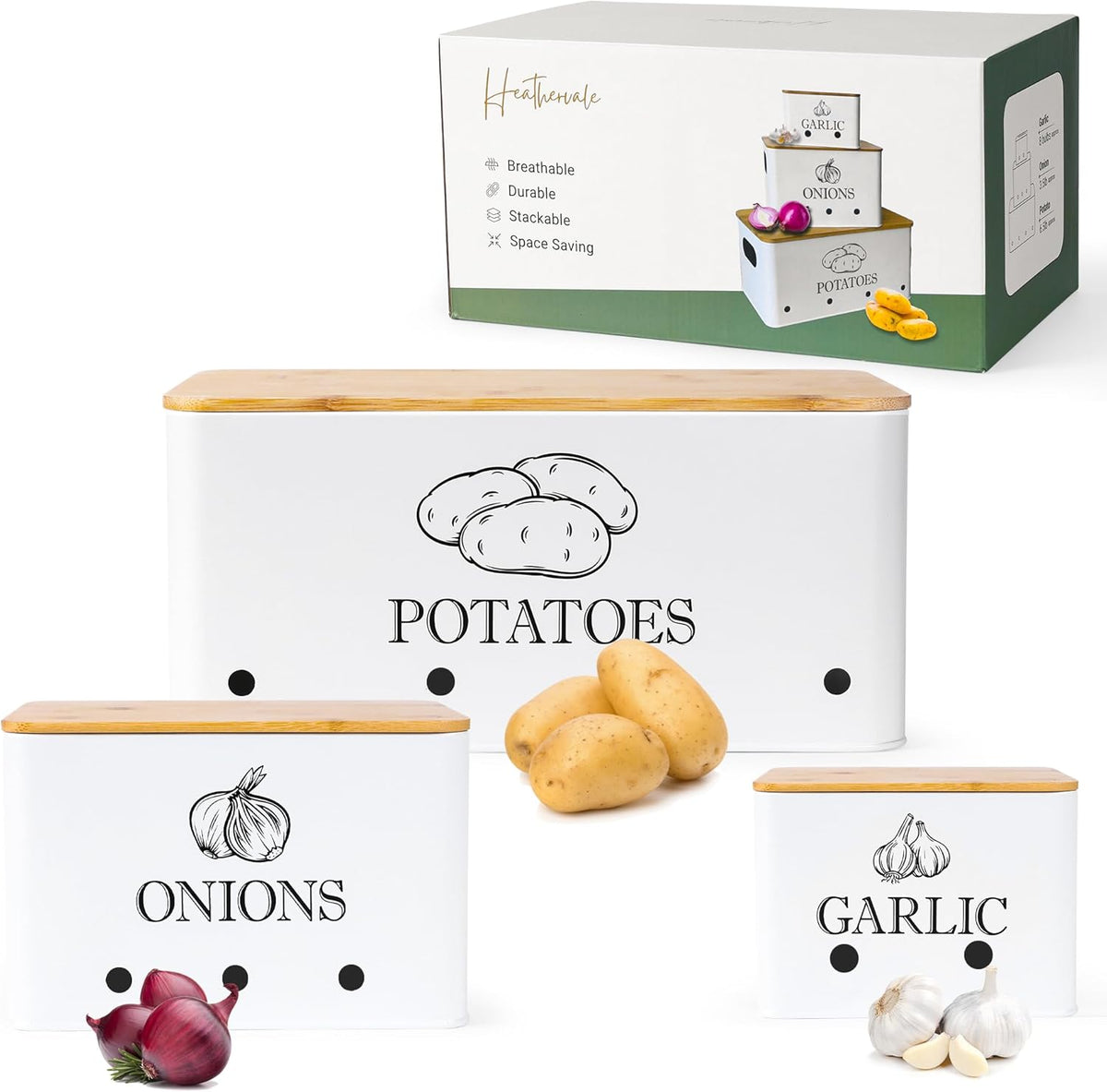 Potato Onion and Garlic Storage Bins with Wooden Lid & Breathable Holes – Rustic Farmhouse Stackable Kitchen Vegetables Canisters with Ventilation & Side Handles Space Saving – Set of 3