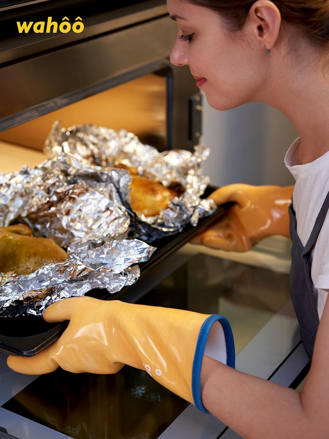LANON Protection wahoo Liquid Silicone Smoker Oven Gloves, Food-Contact Grade, Heat Resistant Gloves for Cooking, Grilling, Baking, Yellow, XL/10