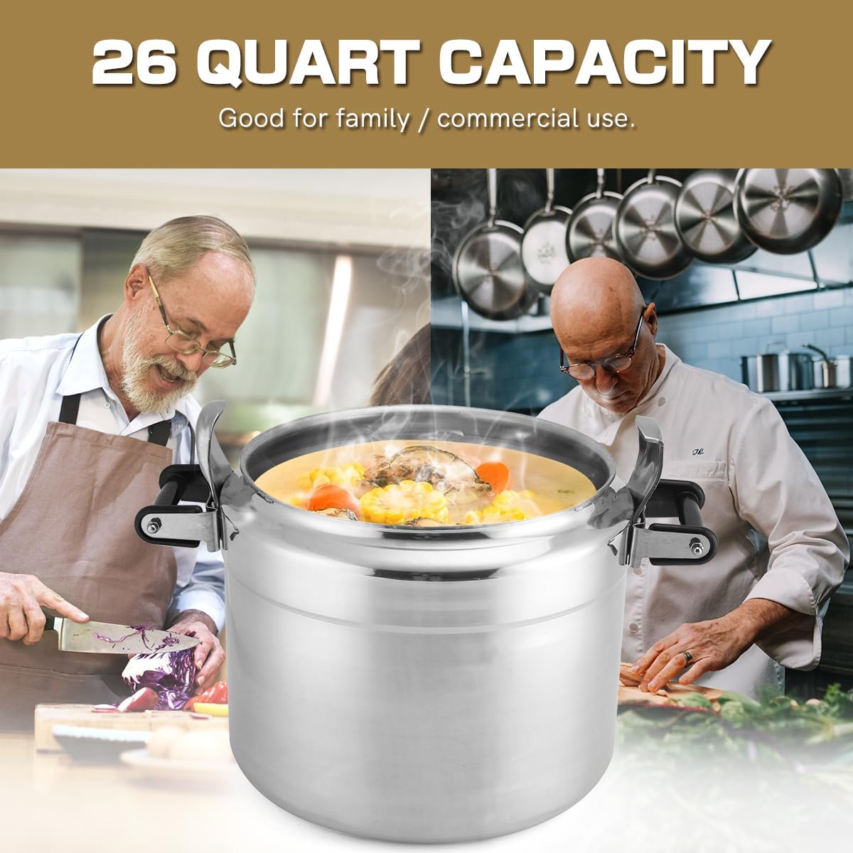 BreeRainz 26 Quart Clamp On Pressure Cooker, Aluminum Pressure Cooker w/Ultra Safe Clamp Bar Locking System, Double Valves for Stable Cooking Pressure, for Family or Commercial Use