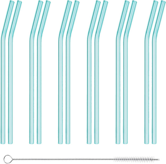 12 Pcs Reusable 8"x 8 mm Glass Straws with1 Cleaning Brush,High Borosilicate Transparent Glass Bent Smoothie Strawsfor Tea, Smoothies, Milkshakes, Juices,Beverages. (Light Pink)