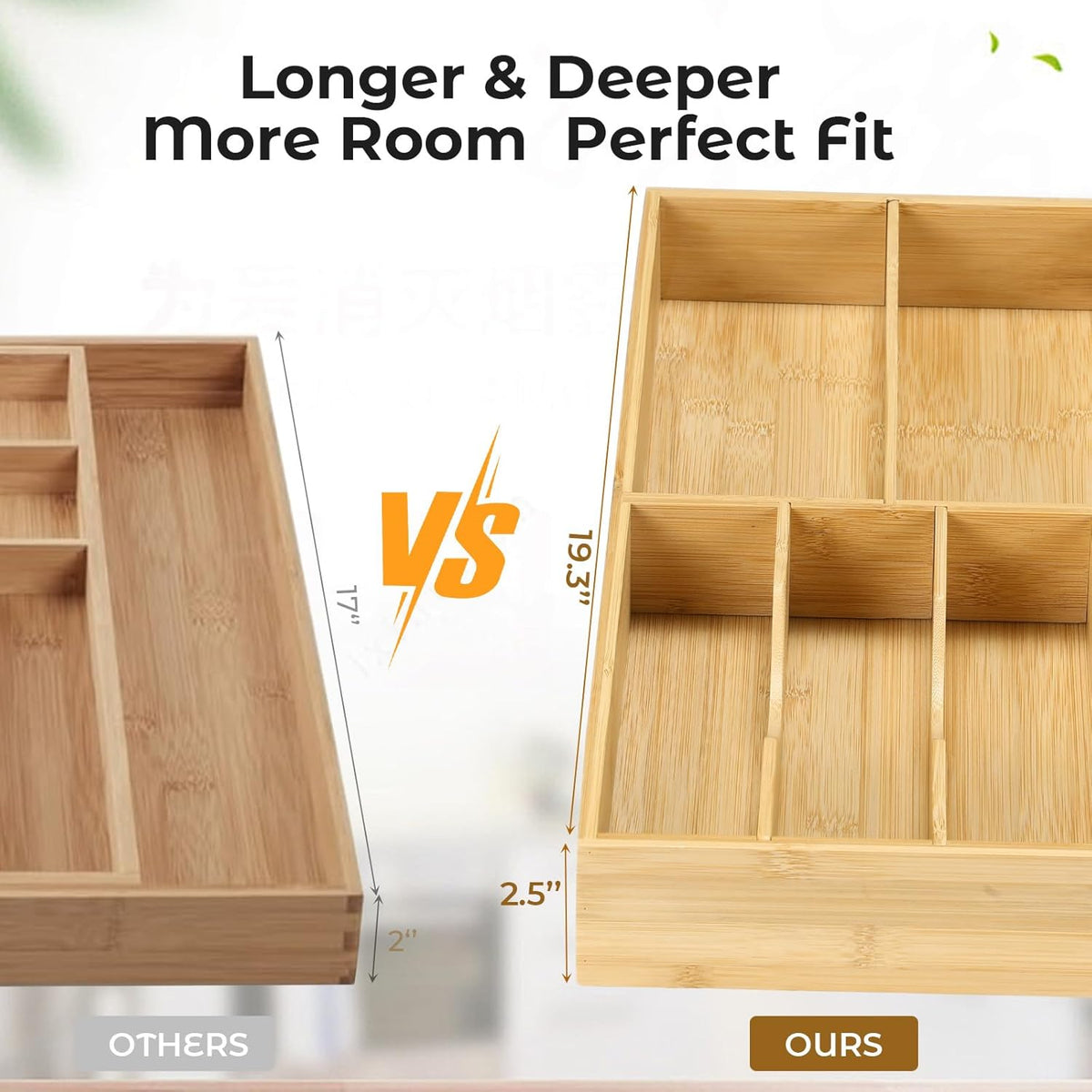 Fabsome Silverware Organizer for Kitchen Drawers, 2.5'' Deep 12.8'' Wide Bamboo Wood Flatware Tray with Deep Slots for Large Cutlery Utensil Drawer