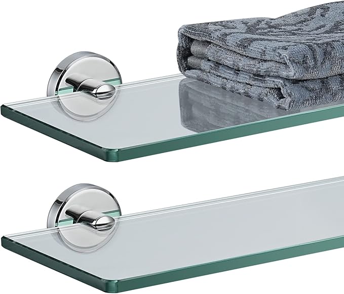 JQK Bathroom Glass Shelf Chrome, Tempered Glass Shower Storage 16 by 5 inches, 304 Stainless Steel Polished Chrome Wall Mount 2 Pack, TGS101L16-CH-P2
