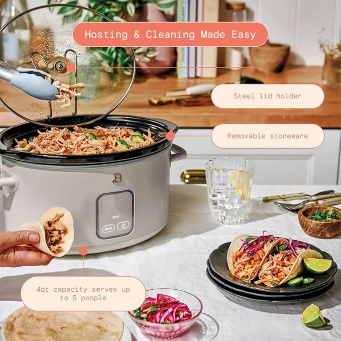 Beautiful 4-Quart Programmable Slow Cooker with Touch-Activated Display, Digital Timer, Keep-Warm Function & Removable Non-Stick Pot