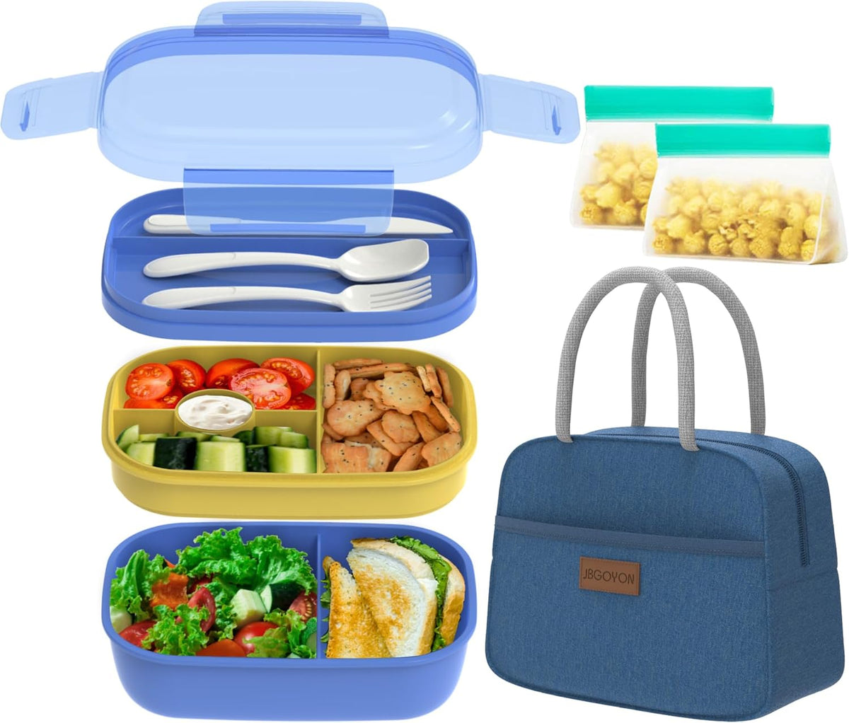 JBGOYON® Blue Bento Lunch Box Set - 3 Stackable Containers for Adults and Kids - Includes Lunch Bag, Leak-Proof and BPA-Free - Built-in Utensil Set and Snack Bag - Dishwasher Safe