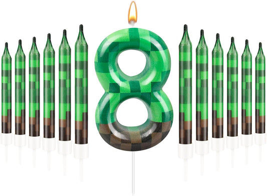 13 Pcs Dynamite Candles 12 TNT Themed Birthday Cake Candles and Number 8 Candle Cake Topper for Pixel Theme Birthday Party Anniversary Party Dynamite Theme Party Video Game Party Supplies (Number 8)