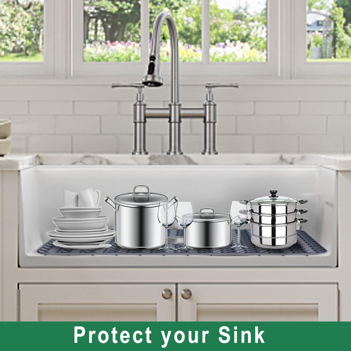 GUUKIN Sink Protectors for Kitchen Sink - 28.6"x 14.5" Silicone Kitchen Sink Mat Grid for Bottom of Farmhouse Stainless Steel Porcelain Sink with Right & Left Drain（Grey）, 2814R