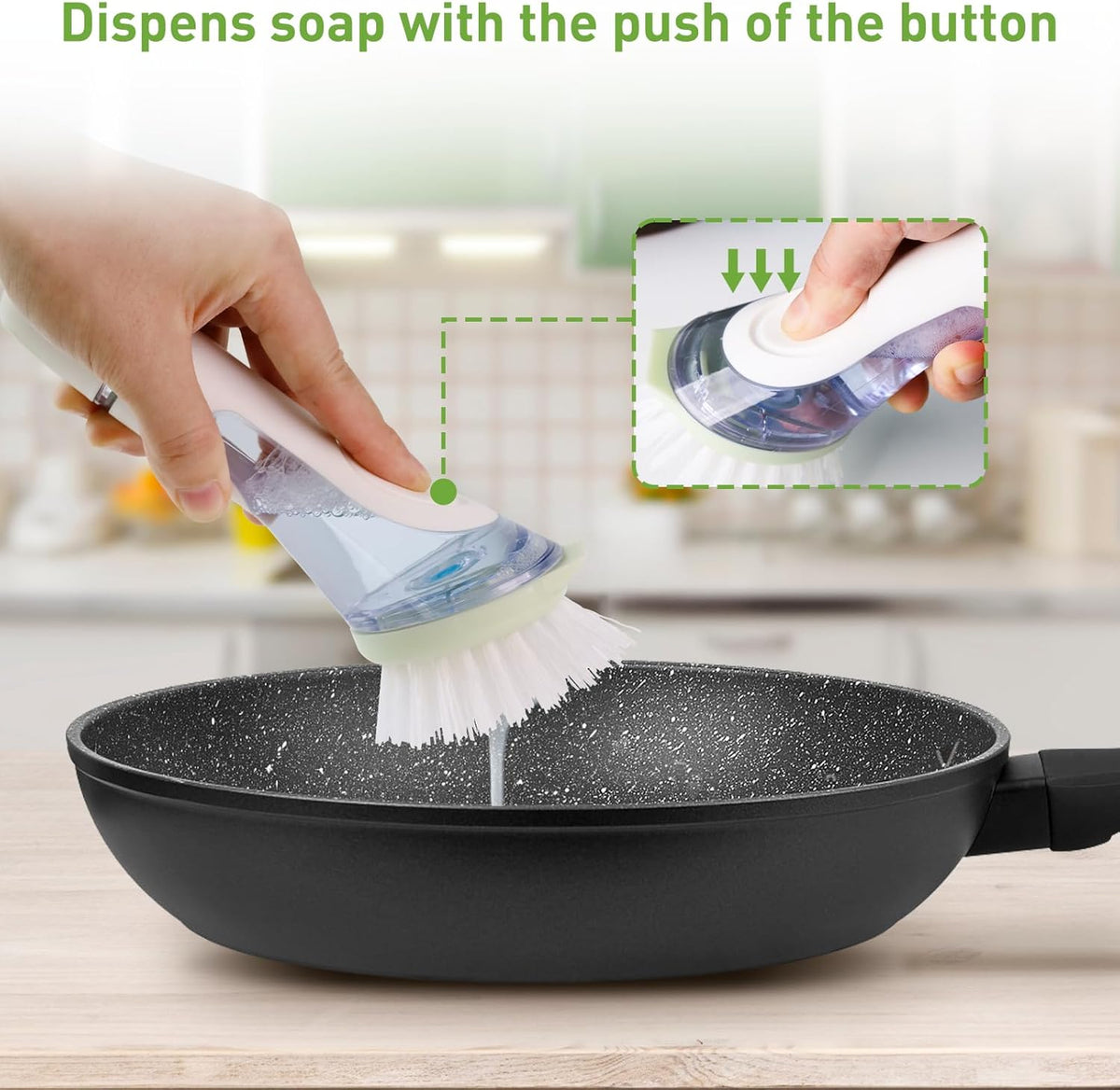 Soap Dispensing Dish Brush, 2 Dish Wand & 4 Brush Refills, Dish Scrub Brush with Soap Dispenser, Dish Soap Brush for Dishes, Pans, Sink, Pots