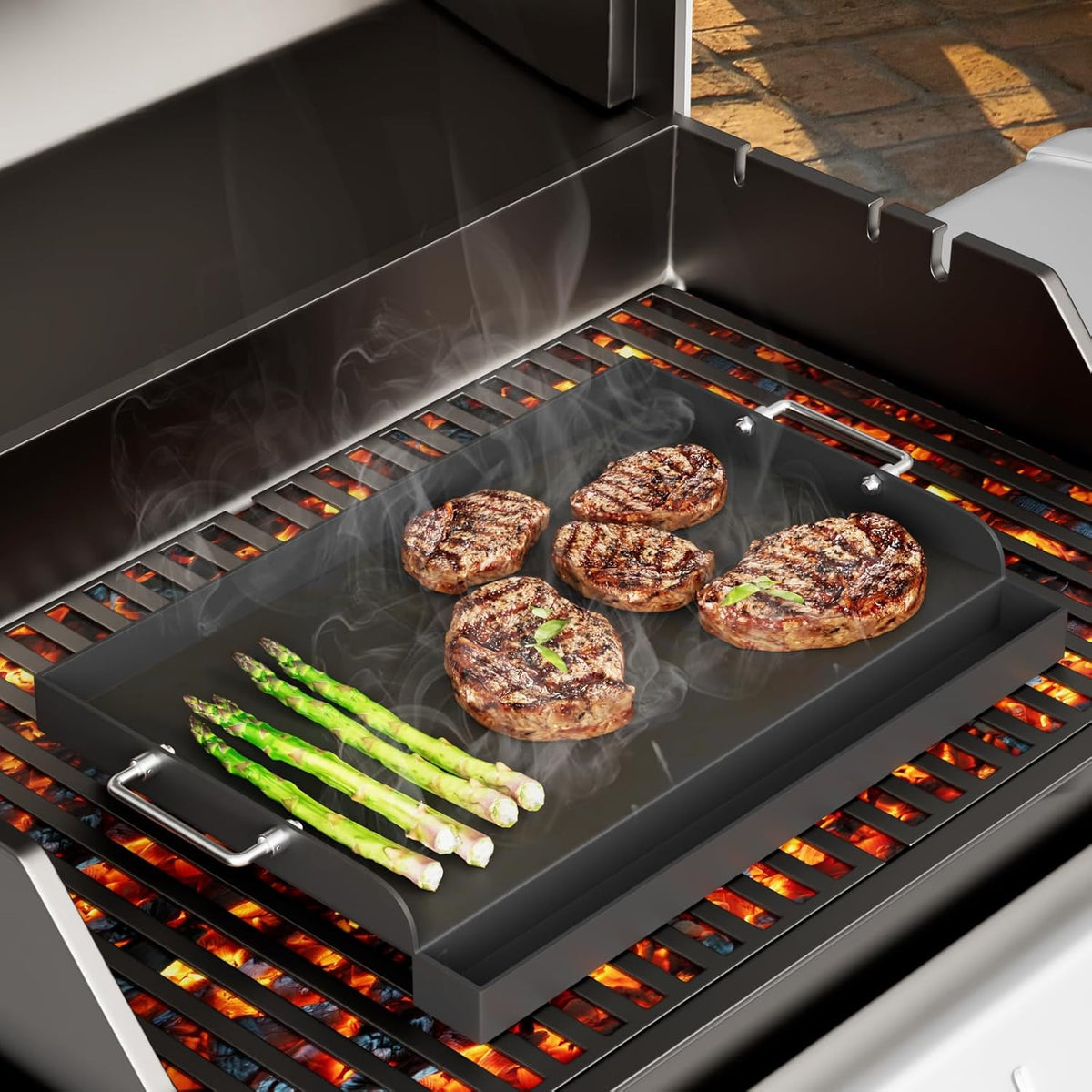 17" x 13" Universal Nonstick Griddle for Gas Grill, Carbon Steel Griddle Plate for BBQ Gas/Charcoal/Gas Stove, Flat Top Plate Grill with Removable Handles for Weber, Charbroil Grills