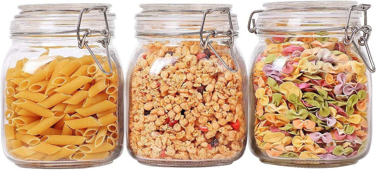 ComSaf Airtight Glass Canister Set of 3 with Lids 34oz Food Storage Jar Square - Storage Container with Clear Preserving Seal Wire Clip Fastening for Kitchen Canning Cereal,Pasta,Sugar,Beans,Spice