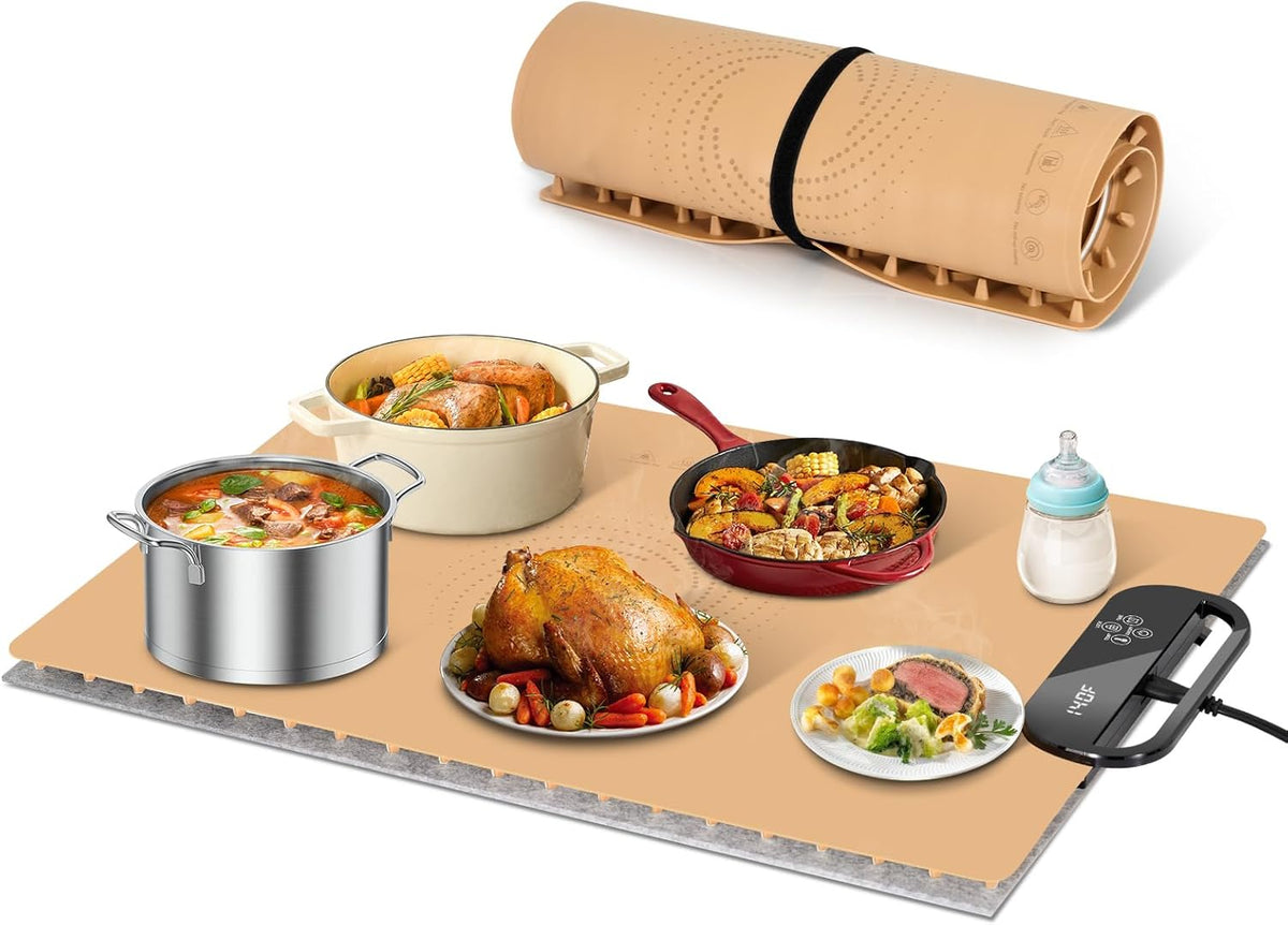 Electric Warming Tray with 7 Adjustable Temperatures, Hanging & Foldable Food Warmer Mat with Child Lock, 11 Timer Settings, Fast Heating Plate for Buffet, Paties, Family Gatherings, Holidays, Brown