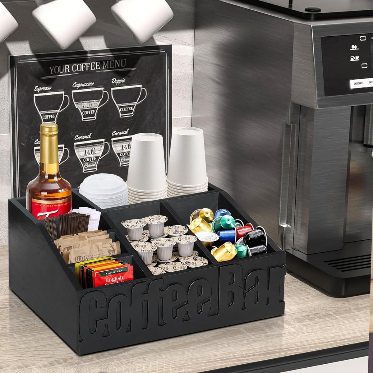Coffee Bar Organizer for Accessories, Wood Station for Countertop, Farmhouse Pod Syrup Holder, Condiment Organizer for Decor (Black)