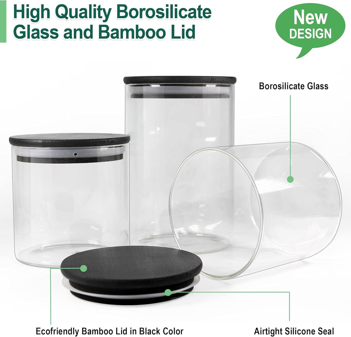 Urban Green Glass Jars with Airtight Black Lids, Food Storage Container with Airtight Lids, Glass Canisters Sets, Kitchen Food Storage Containers (6 Sets of 20oz)