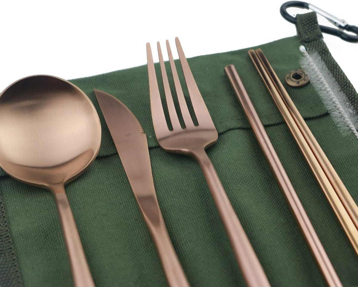 Portable 6 Pieces Flatware Set, 304 Stainless Steel Knife, Fork, Spoon, Chopsticks, Metal Straw, Cleaning Brush, Durable Travel Cutlery Set, Army Green Pouch Bag, Rose Gold