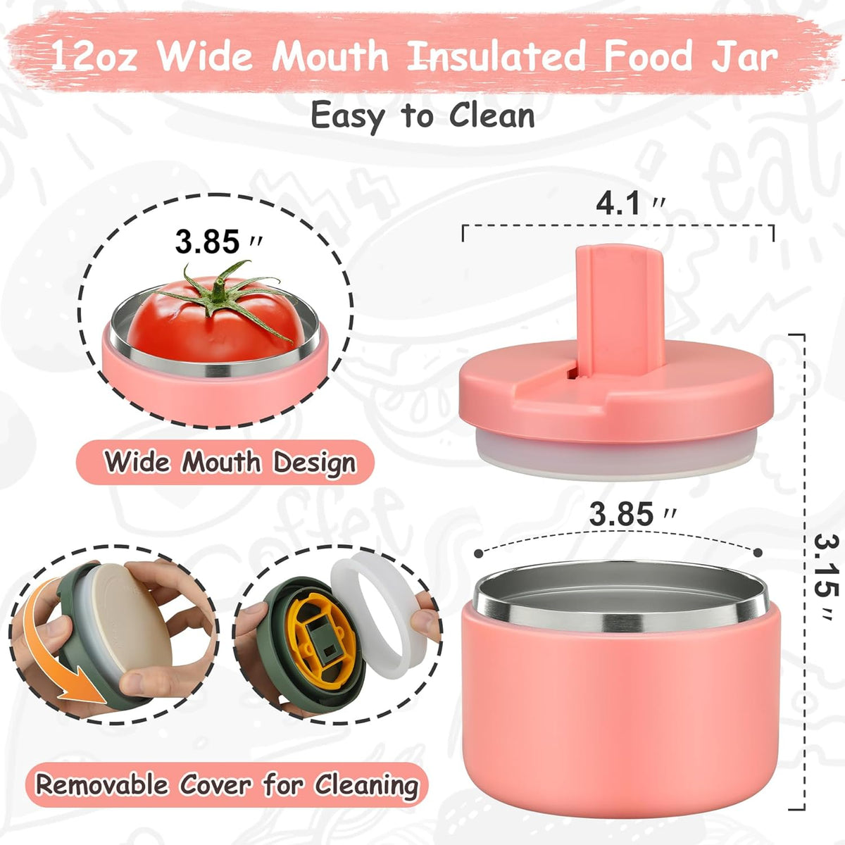 12oz Insulated Vacuum Food Jar with Buckle Lid Wide Mouth Soup Thermo for Hot Food Kids Leakproof Stainless Steel Lunch Container- Pink- 1Pack