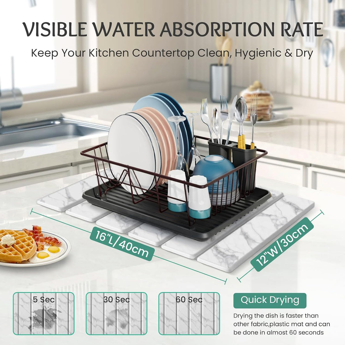 Stone Dish Drying Mat Collapsible Diatomaceous Earth Absorbent Mat Quick Dish Drying Pad Dish Rack Pad Match Any Counter to Multiple Usage for Kitchen,Bathroom