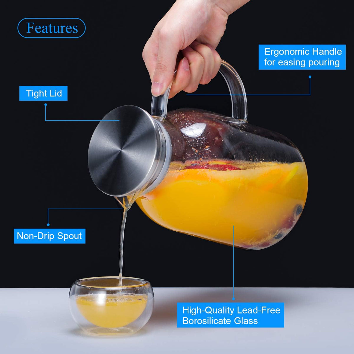 Glass Water Pitcher with Lid and Spout, 68 Ounces Heat Resistant Borosilicate Glass Carafe with Brush and Mixing Spoon, Temperature Safe