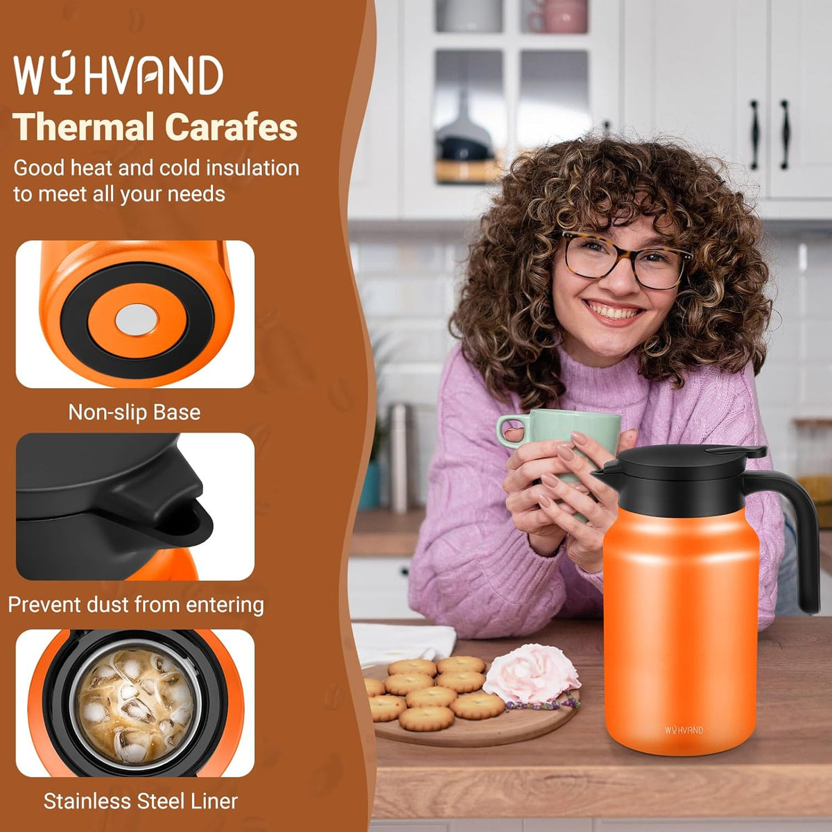 51Oz Thermal Coffee Carafes For Keeping Hot/Cold, Stainless Steel Coffee Carafe, Dustproof Insulated Water Carafe for Party/Home,Orange