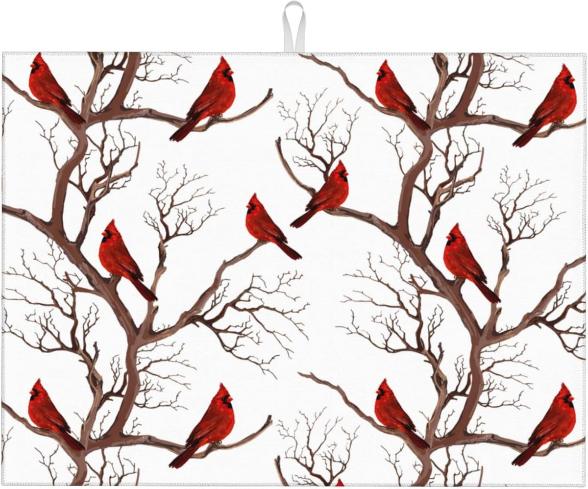 Winter Cardinal Birds Microfiber Dish Drying Mat for Kitchen Counter 18"x24" Christmas Dishes Drying Pad Dish Drainer Rack Mats Absorbent Washable Reusable Christmas Kitchen Home Holiday Decor