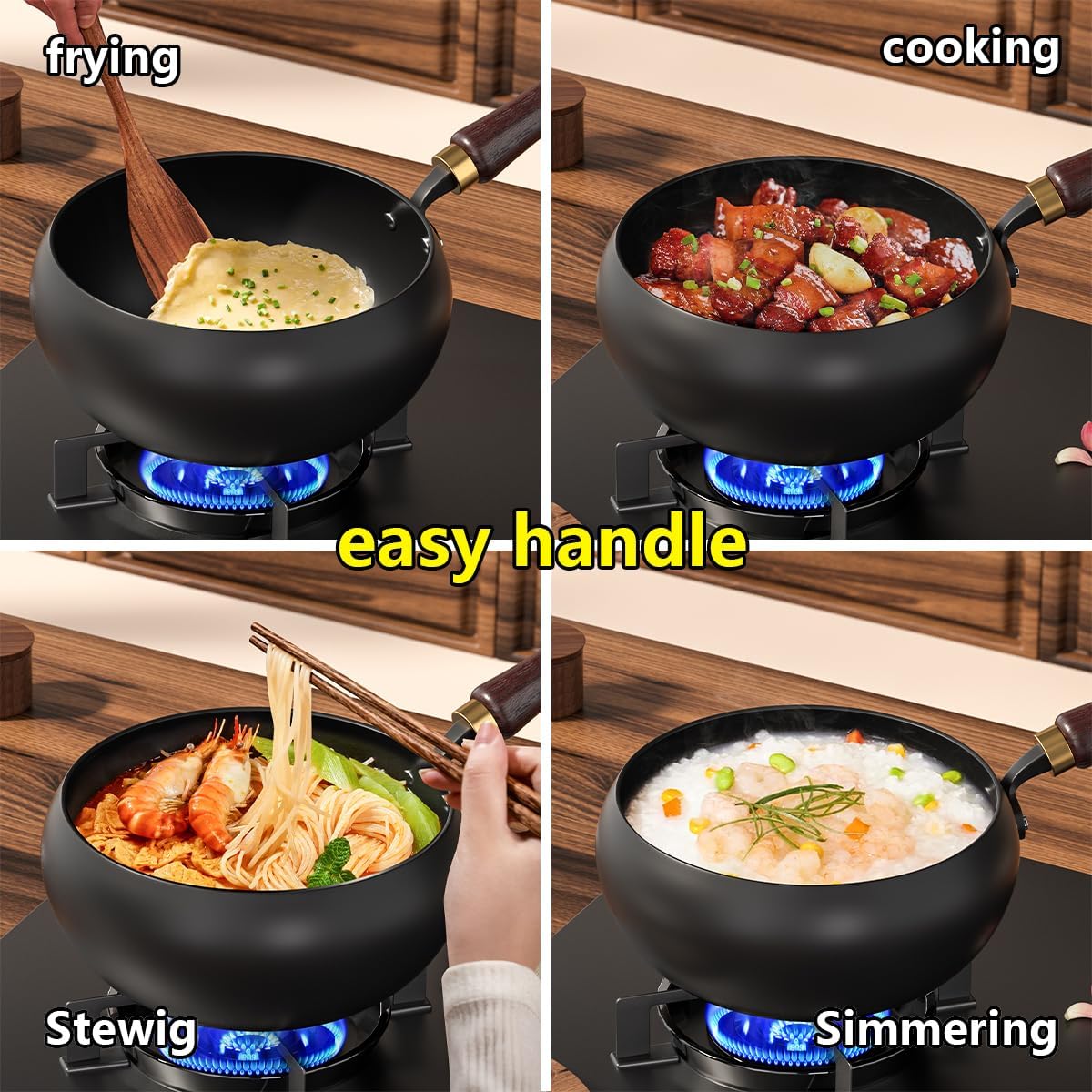 Carbon Steel Wok Pan, nitrided woks Uncoated Heats Evenly Multi-Purpose Frying Pan, Suitable for Any Stove, Oven or Even Camping Campfire with Lid and Wooden Handle