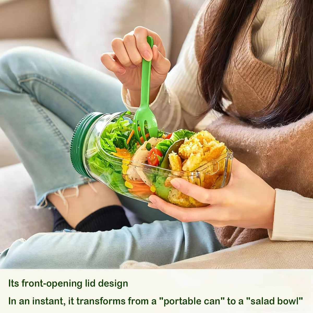 Durable Portable Salad Jar with Side Opening & Leakproof Dressing Compartment - Perfect for Lunch, Meal Prep, Travel, Office, and Outdoor Use - Reusable Salad Container