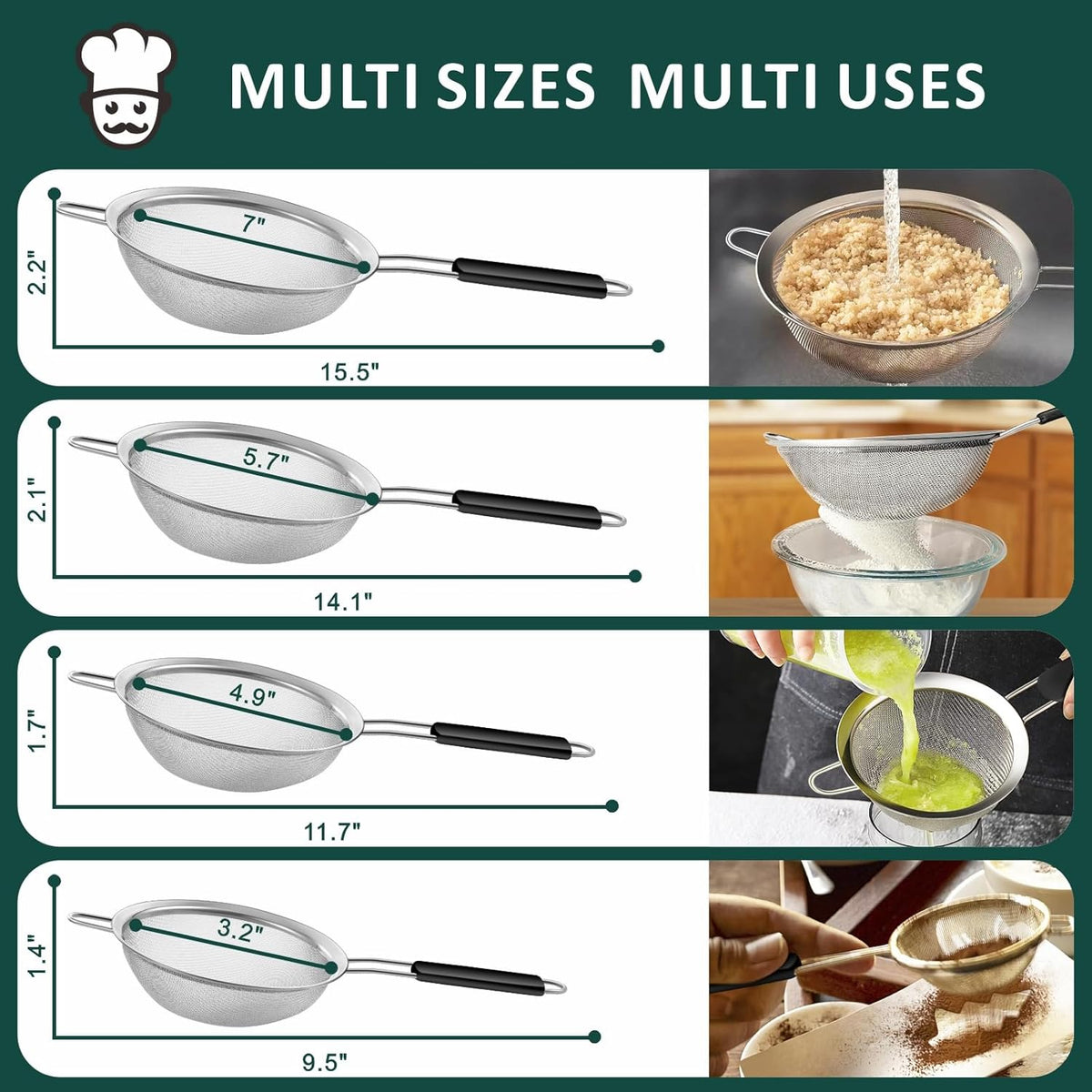 Yimi Fine Mesh Strainers Skimmers Set of 4, Stainless Steel Sieve Strainer Wire Sifter Colanders with Anti-Scald Handle,Kitchen Utensil Ideal for Strain Pasta Quinoa Rice, Ideal for Gift