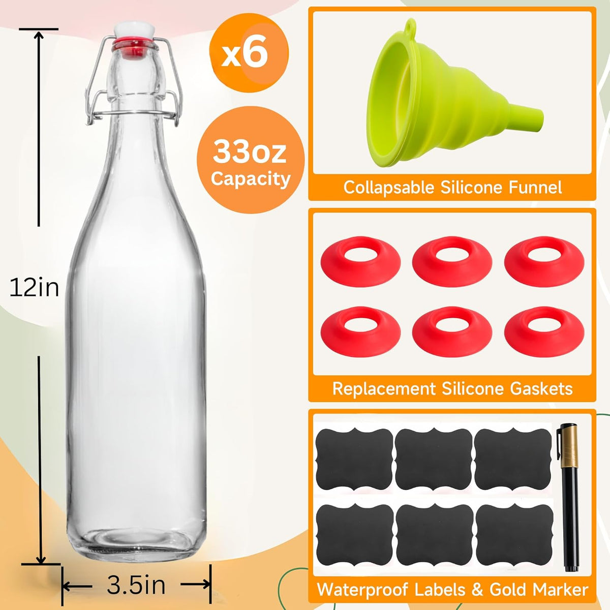 WILLDAN Swing Top Glass Bottles [1 Liter / 33 fl. oz.] [Pack of 6] Flip Top Brewing Bottle w/Leak Proof Stopper Lids for Fermentation, Kombucha, Mead, Vinegar, Beer, Kefir, Wine, Water, Soda