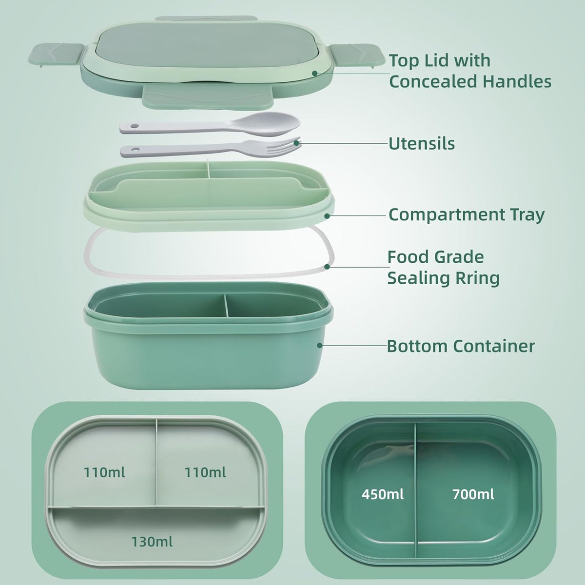 Hidden-Handle Bento Box Adult Lunch Box, Leak-Proof Lunch Containers for Adults & Kids, 2-Layer 5-Compartment 6 Cup with Utensils, Green