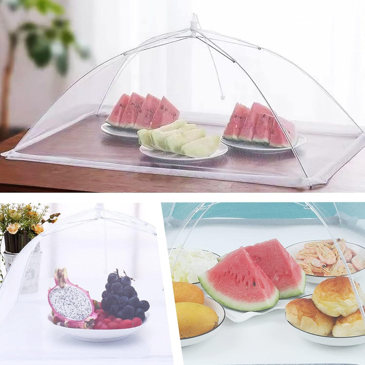 JULBEAR 4 Pcs Large and Tall Mesh Food Cover Tent Umbrella Food Screen Covers for Outside Pop-up Mesh Reusable Food Nets for Parties Picnics Outdoor BBQs Collapsible (2 Pcs 32"x24", 2 Pcs 17"x17")