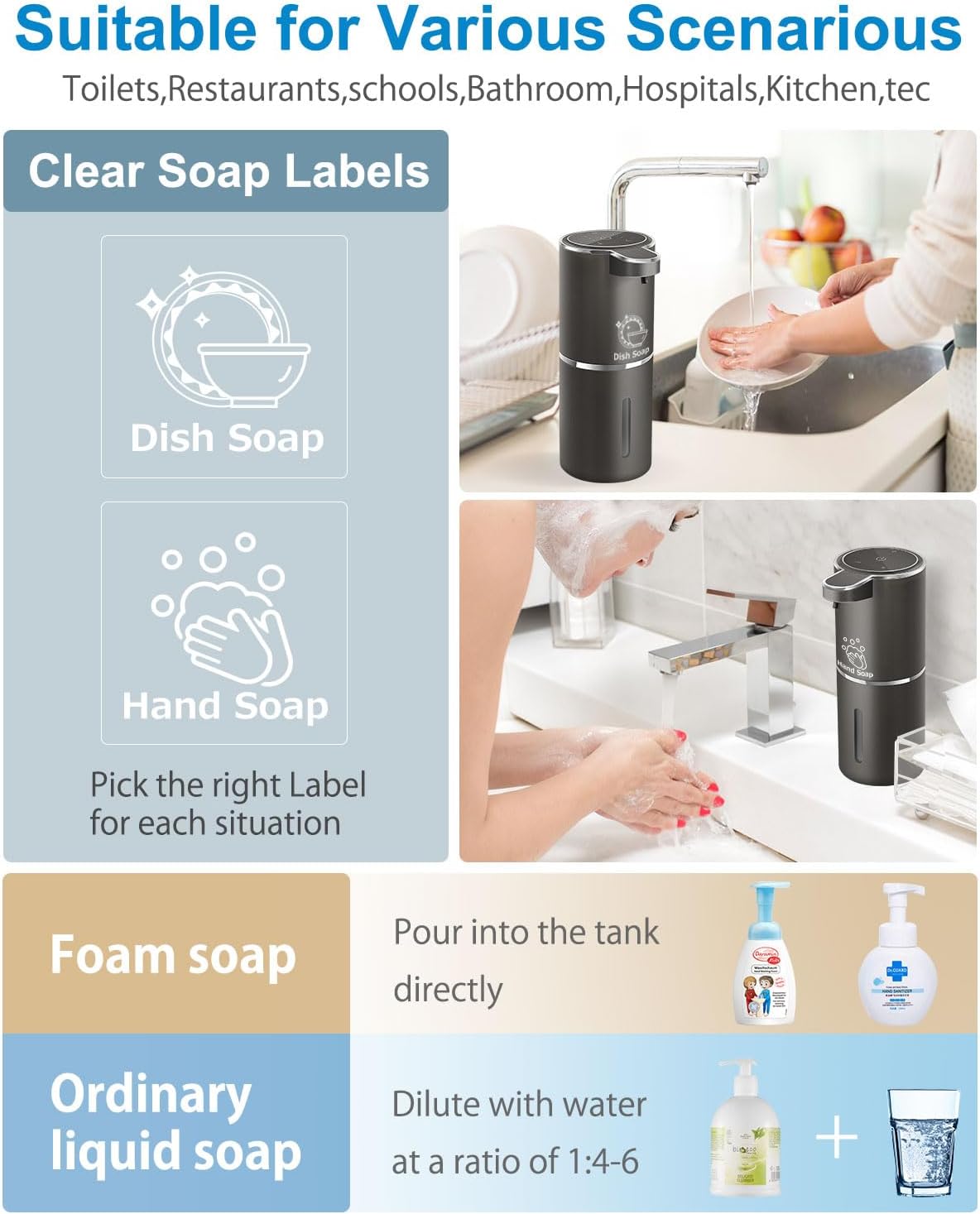 Automatic Foaming Soap Dispenser,4-Level Adjustable Foam, Wall Mount, USB Rechargeable,12.8oz/ 380ml,Touchless Hand & Dish Soap Dispenser for Bathroom, Kitchen,Hotel, Restaurant