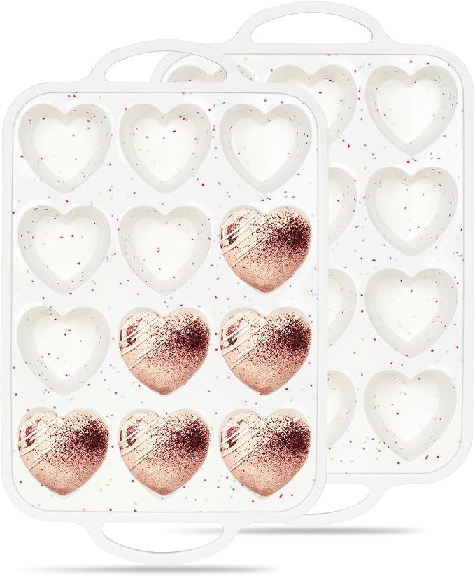 2 Pcs Heart Shaped Muffin Pan with Metal Reinforced Frame 12 Cup Nonstick Silicone Heart Cake Mold for Baking 2.5 Inch Cupcake Tray (Cream)