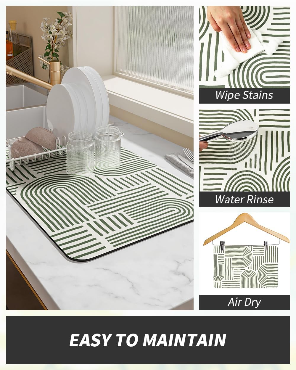 AMOAMI Coffee Mat Hide Stain Rubber Backed Absorbent Dish Drying Mat for Kitchen Counter - Fits Under Coffee Maker & Dish Rack - Green Line 12x19