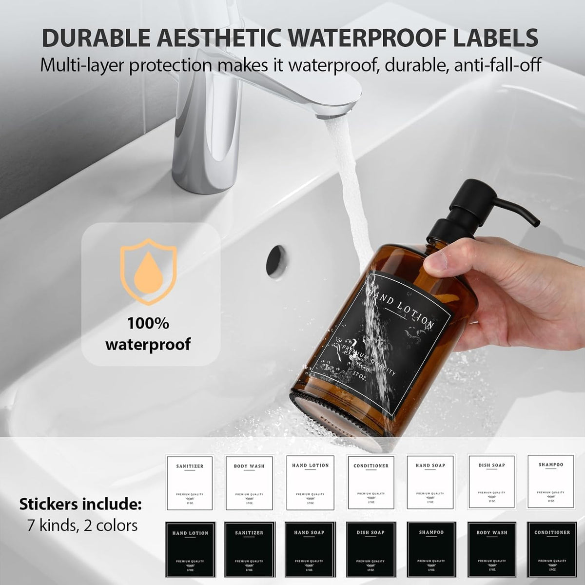 Amber Glass Soap Dispenser, Bathroom Hand Soap Dispensers with Stainless Pump, 17 Oz Kitchen Hand and Dish Soap Dispenser Set, Modern Liquid Soap Lotion Dispenser (Amber Bottle/Black Pump)