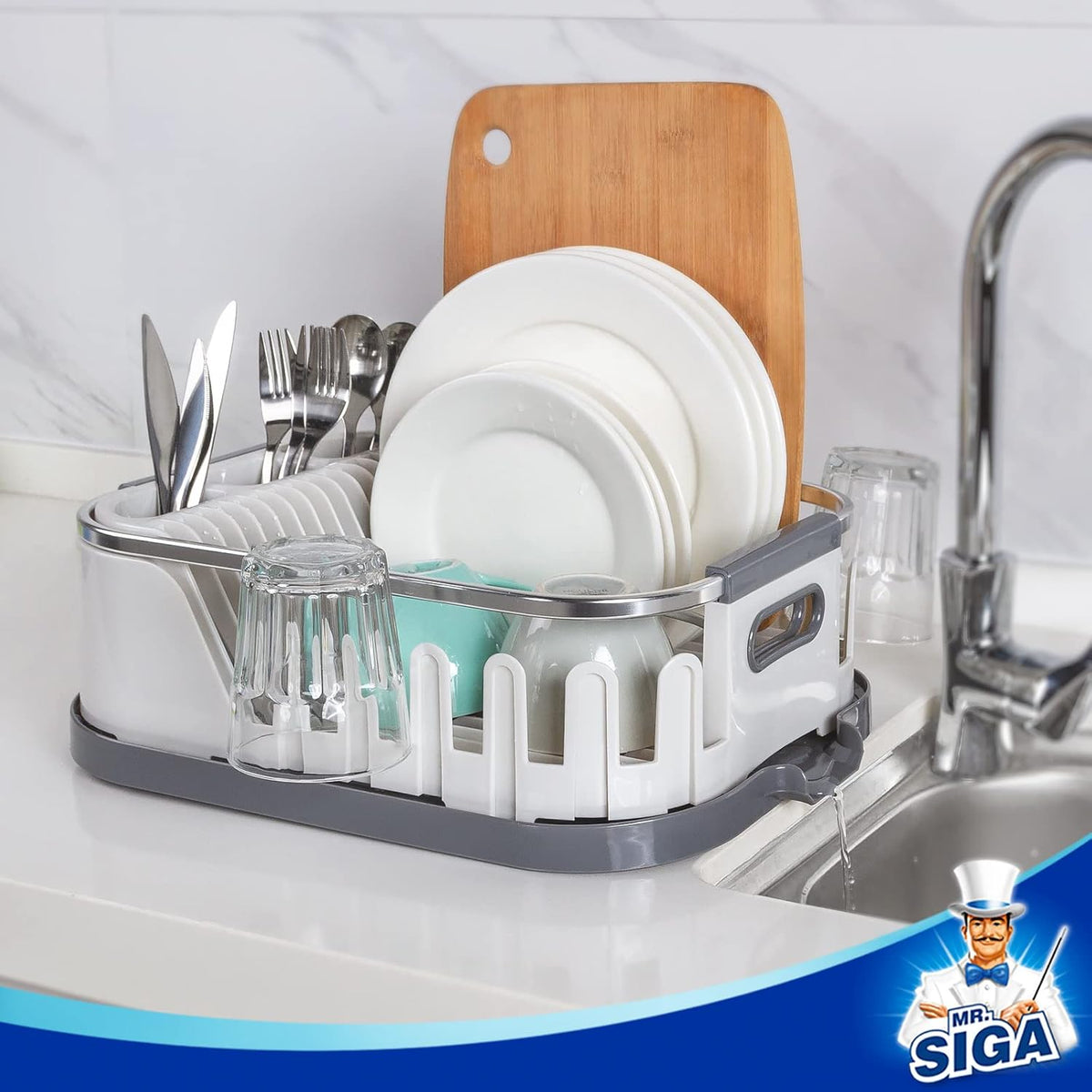 MR.SIGA Dish Drying Rack for Kitchen Counter, Compact Dish Drainer with Drainboard, Utensil Holder and Cup Rack, Plastic Kitchen Drying Rack for Dishes, Cups, Knives, Spoons and Forks, White